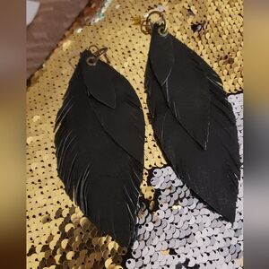 Elegant Black Leather Handcrafted Pierced Earrings